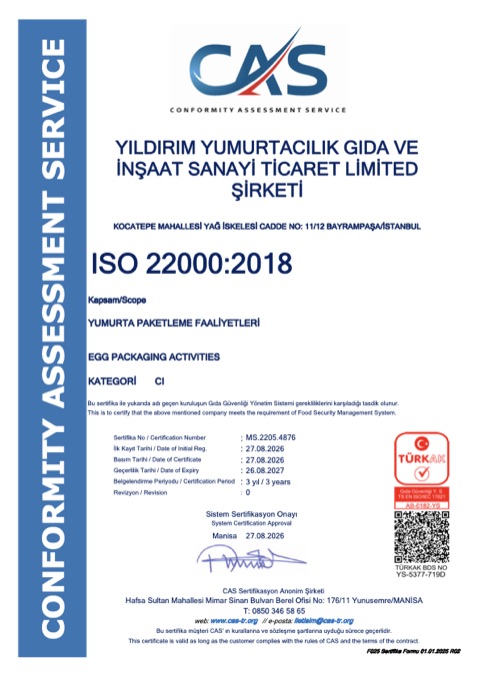 ISO 22000:2018 Gıda Güvenliği Yönetim Sistemi sertifikası