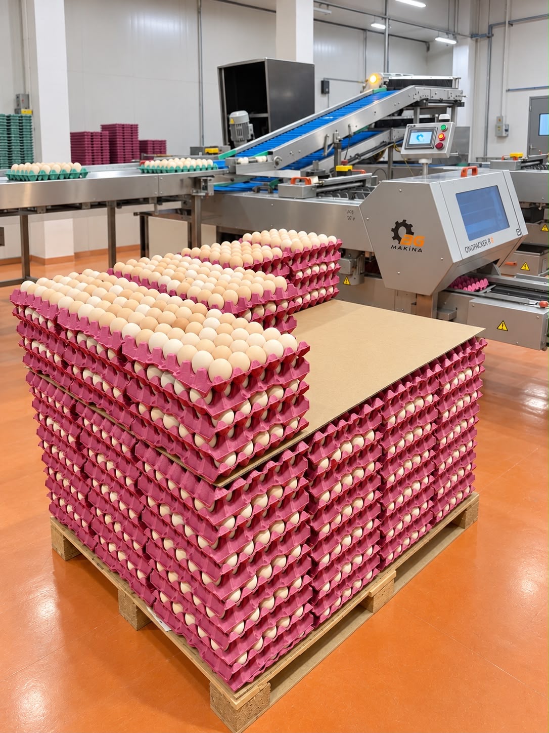 Paketleme makinesinin yanında viyollerle paletlenmiş yumurtalar